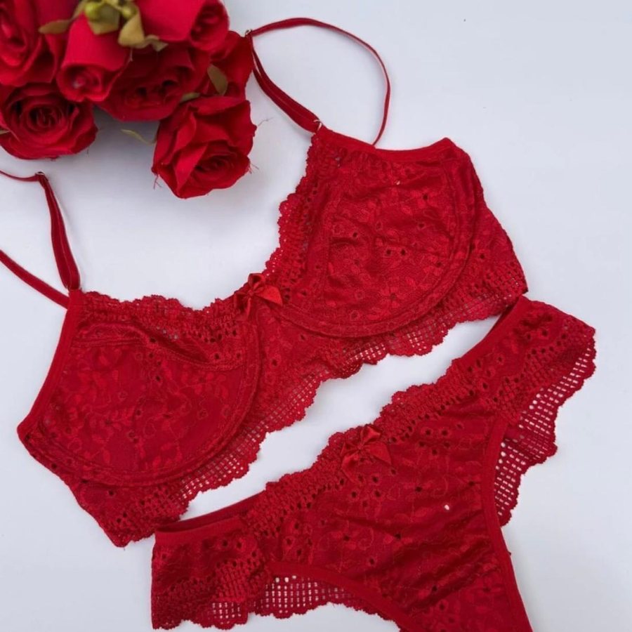 Conjunto de Renda Vermelho Luxo